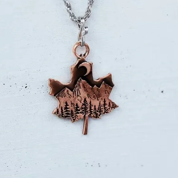 Maple Leaf Pendant Necklace with Mountains and Moon #1124 - Picture 4 of 8